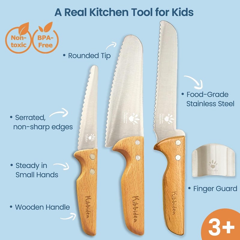 Kibbidea Kids Knife Set for Real Cooking Safe, 4pcs Kids Beginners Kitchen Knives for Cutting Chopping, Food-grade Stainless Steel Blades, Metal Children First Starter knife, BPA-free Tool (Silver) - Image 3